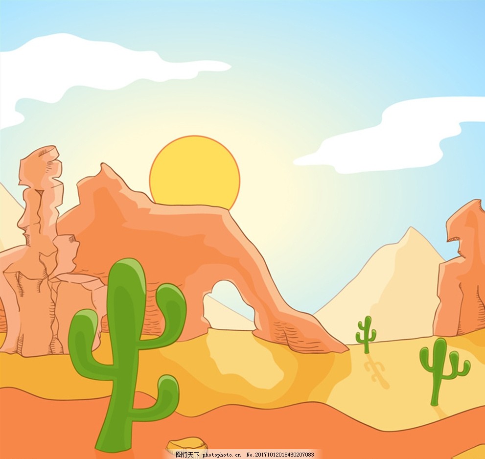 彩绘沙漠戈壁和仙人掌风景矢量图 太阳 烈日 动漫动画
