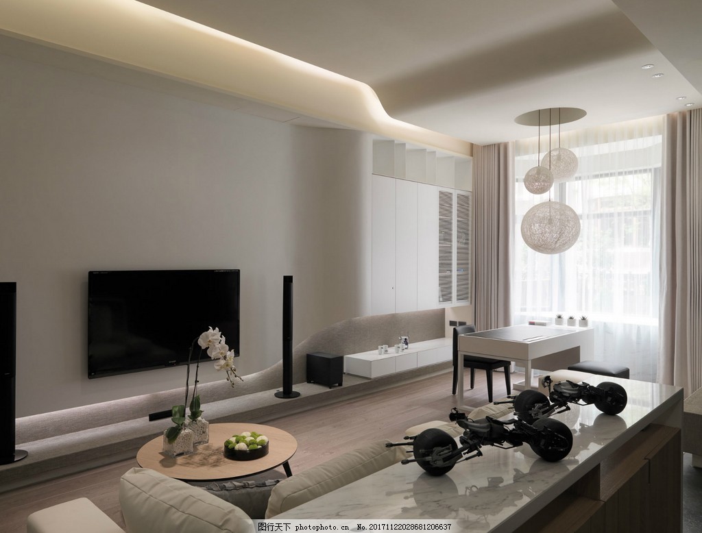 北欧简单客厅浅灰色背景墙室内装修效果图