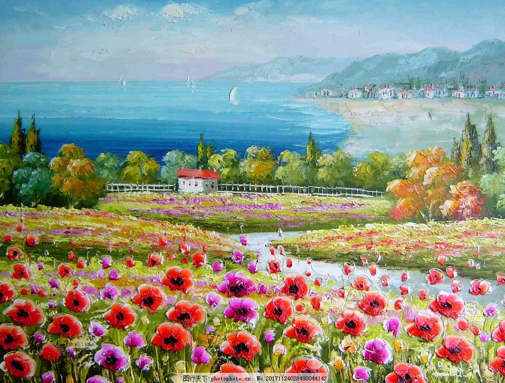欧式风景油画 欧洲 水粉画 水彩画 花朵 花卉 花海 蓝天 白云
