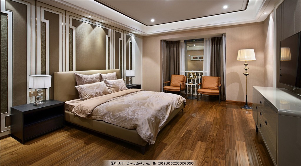 现代时尚感卧室白褐色背景墙室内装修效果图图片 家居设计 环境设计 图行天下素材网