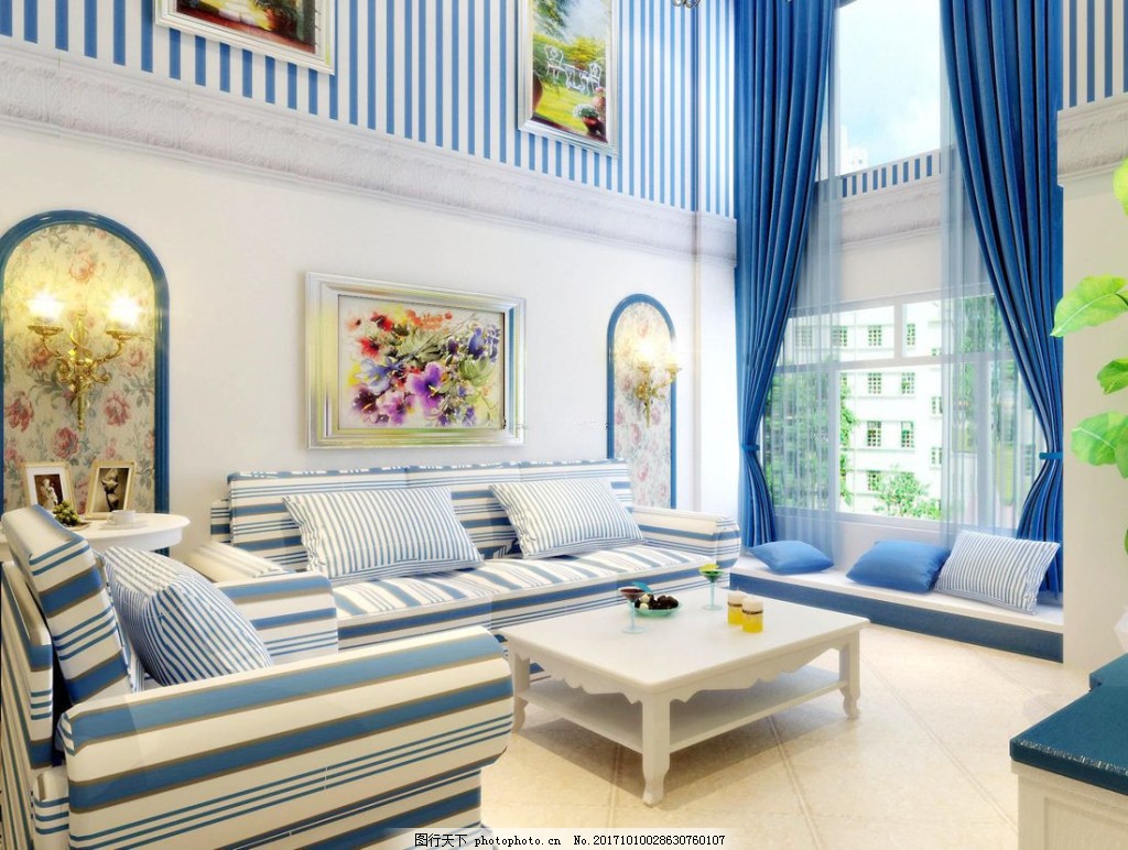 地中海风格餐厅窗帘蓝色移门样式装修效果图图片_装饰装修_建筑空间-图行天下素材网