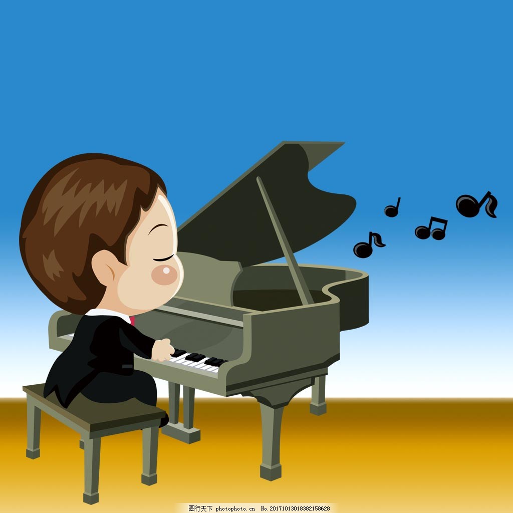 倾听钢琴演奏音乐家音符高雅手绘卡通插画图片-千库网